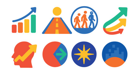 Flat vector icons of future transformation and progress: progress timeline icon, innovation road symbol, human-tech evolution badge, transformation path arrow, forward-thinking strategy icon, next