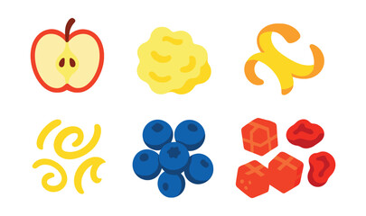 Flat vector icons of fruits used in baking: sliced apple, mashed banana, lemon zest, orange peel, chopped dates, fresh blueberries, diced strawberries, dried cranberries.