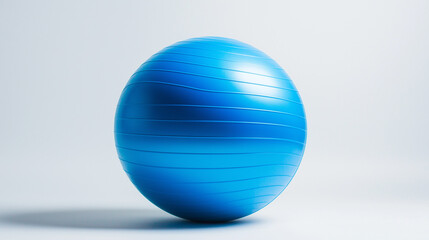 A vibrant exercise blue ball positioned on a smooth gray background, highlighting its shape and texture.
