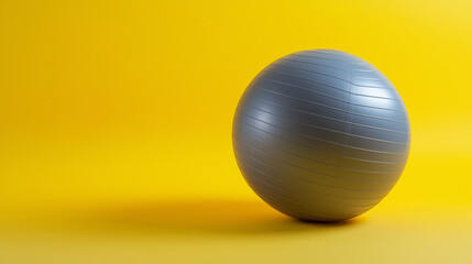 A vibrant exercise gray ball positioned on a smooth yellow background, highlighting its shape and texture.
