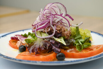 Salad with tuna, tomato, onion and herbs on a plate