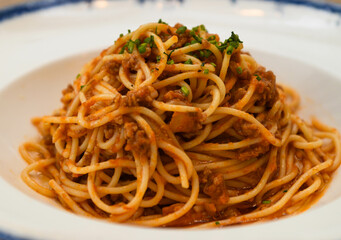spaghetti bolognese with tomato sauce on a white plate