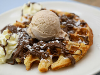 Belgian waffles with ice cream, chocolate syrup and whipped cream