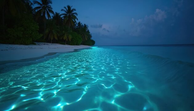 Magical bioluminescent plankton at Vaadhoo Island, Maldives. Glowing turquoise water, white sand beach, palm trees under night sky. Dreamlike travel destination, natural phenomenon.