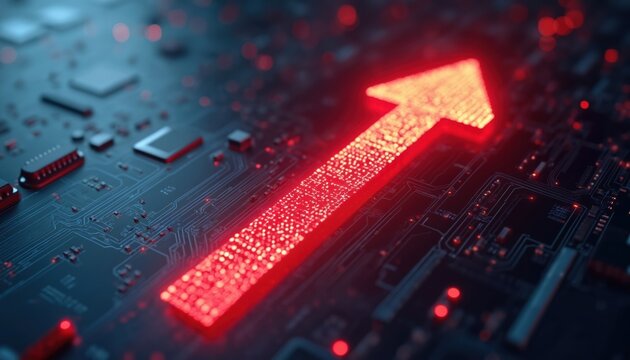 Pixel glowing red arrow on dark background. Digital tech with computer motherboard texture. Concept of growth development, success, data transfer, circuit board, innovation.