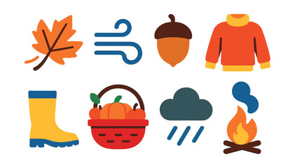 Flat vector icons of autumn weather: falling leaf, wind gust, acorn, cozy sweater, rain boot, harvest basket, cloudy sky, bonfire smoke.