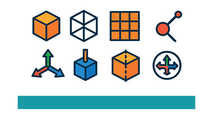 Flat vector icons of 3D modeling basics: 3D cube icon, wireframe mesh, polygon grid, vertex point, modeling axis arrows, extrusion tool, symmetry icon, object transform controls.