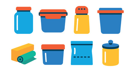 Flat vector icons of storage and container tools: glass jar, airtight container, spice jar, plastic bin, food wrap, foil roll, vacuum seal bag, kitchen canister.