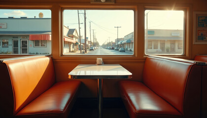 Empty diner booth provides nostalgic view of quiet street, evoking solitude. Warm light bathes booth, tables, window. Simplistic, vintage ambiance. American retro diner. Food, restaurant concepts.