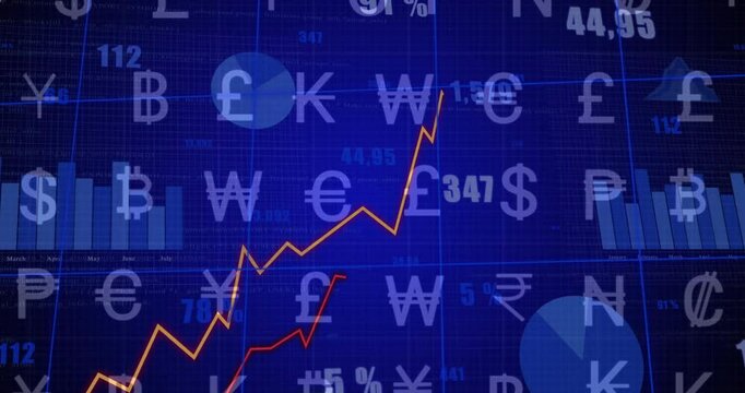 Bar chart appearing on blue grid starting orange red green lines climbing updating financial values