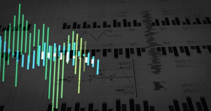 After dark grey plane forming green blue yellow bars growing shifting right visualizing data trends