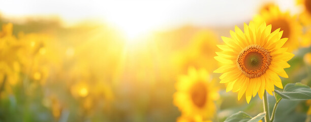 Obraz premium Bright yellow sunflower against golden bokeh background with warm sunlight. Summer flower and nature concept. Image for banner, poster, greeting card and seasonal advertising with copy space