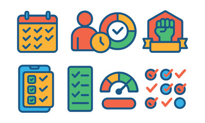 Flat vector icons of habits and consistency: habit streak calendar, daily routine icon, habit ring tracker, self-discipline badge, habit builder app, check-off list, consistency meter, positive
