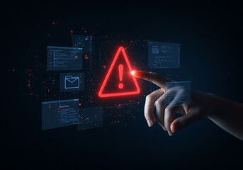 Cyber security alert system with red warning sign and hand touching screen for data protection risk