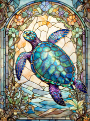 Vibrant Stained Glass Sea Turtle: A mesmerizing mosaic artwork featuring a graceful aquatic reptile encircled by lush botanical accents.