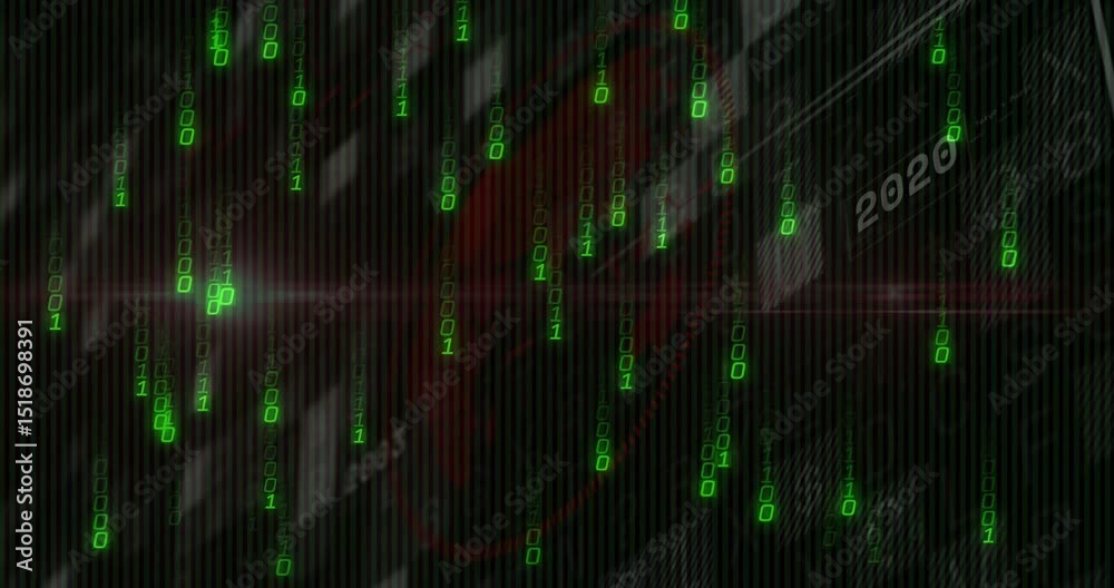 Aufkleber red pattern appearing triggers binary streams falling and flickering year labels showing timeline