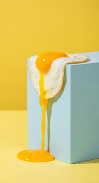 Fried Egg Yolk Dripping Over Light Blue Cube on Yellow Background