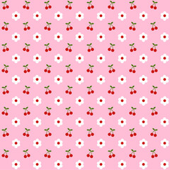 Seamless pattern with red cherry, green leaves and white flower on pink background.Surface for textile.Decoration ornament.Wrapping paper.Summer or spring.Geometric.Vector illustration.