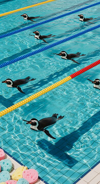 Penguins Swimming Synchronized Laps in a Blue Pool