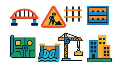 Flat vector icons of civil engineering: bridge structure, roadwork, foundation frame, concrete form, site plan, dam icon, crane on site, city infrastructure.
