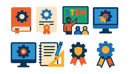 Flat vector icons of engineering education and training: engineering book, diploma icon, STEM class, learning module, training program, tutorial video, classroom tools, education badge.