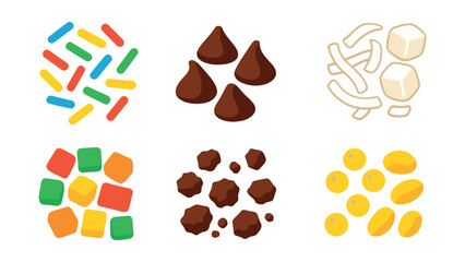 Flat vector icons of toppings and mix-ins: rainbow sprinkles, chocolate chips, shredded coconut, mini marshmallows, candied fruit, cookie crumbs, sugar pearls, chopped peanuts.