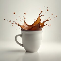 Illustration of coffee splash from white cup. Chocolate beverage explosion, milk, latte, mocha drink pouring out. Liquid splash in action, dynamic design, cafe, breakfast, still life, morning drink