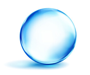 Large translucent smooth blue sphere with highlights and soft shadow underneath, on white background. Vector illustration for design projects and creative works.