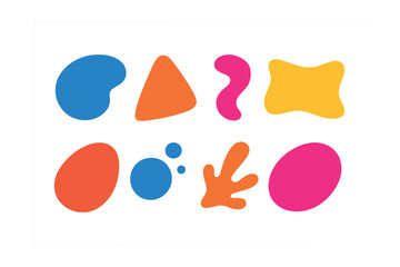 Flat vector icons of abstract shapes: blob shape, irregular triangle, organic curve, fluid form, wavy rectangle, asymmetric oval, floating dot cluster, dynamic splash shape.