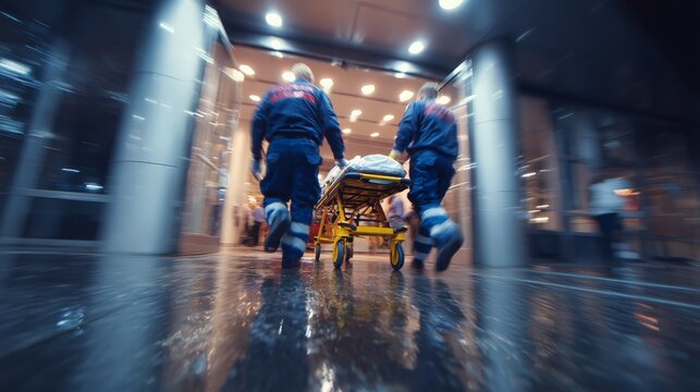paramedics rushing patient on stretcher through hospital doors for emergency medical services 

