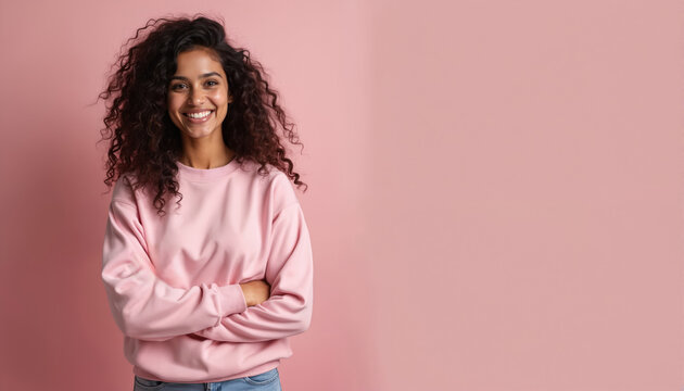 Indian woman in pink sweatshirt smiles. Happy young female poses isolated on pastel pink background. Wears casual clothes. Joyful, confident girl with long curly hair looks to camera. Copy space for