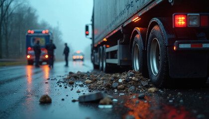 Semi-truck on road with emergency vehicles and personnel. Roadside incident, possible accident scene, hazardous materials spill. Wet asphalt, stones. Foggy weather.
