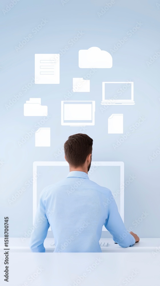 Fototapete Man in blue shirt working at a computer with digital icons representing files and documents floating above in a modern workspace with copy space