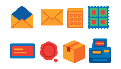 Flat vector icons of envelope and mailing tools: open envelope, sealed envelope, bubble mailer, stamp sheet, address label, wax seal, mailing box, postage meter.