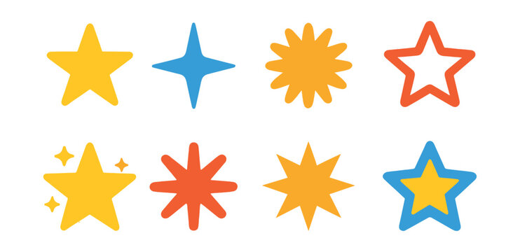 Flat vector icons of stars and star-like shapes: five-pointed star, four-pointed star, starburst, hollow star, glowing star, asterisk shape, sharp-edged star, layered star icon.