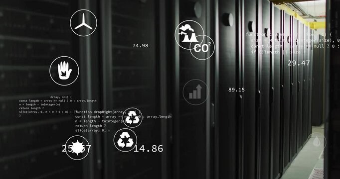 On system startup CO2, growth, sensor icons rising shifting across dim server racks showing metrics