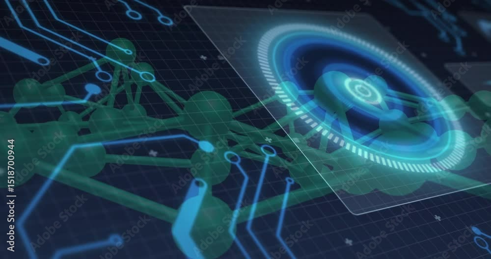 Poster blue hud fading above green network rotating rings cyan lines emanating visualizing data flow