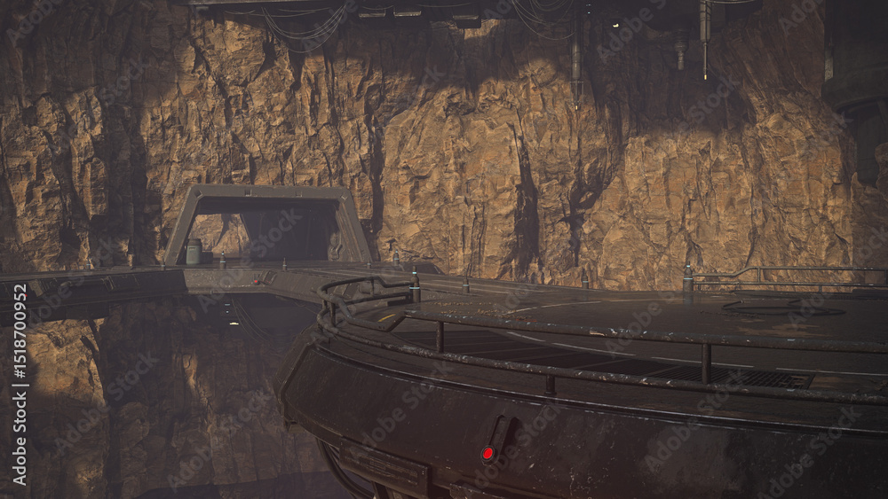 Poster futuristic sci-fi fantasy environment built into a mountain. 3d render.