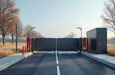 Closed automatic barrier gate. Security system for private areas. Automatic entry system, parking lot barrier with access control. Modern automated gate, garage entrance in urban environment.