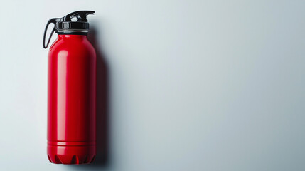 Fototapeta premium A sleek, reusable red sports water bottle with a secure lid, set against a plain gray background. 