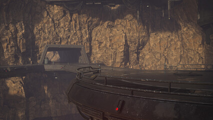 Futuristic sci-fi fantasy environment built into a mountain. 3D render.