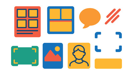 Flat vector icons of visual storytelling elements: storyboard, comic panel, speech bubble, motion line, camera frame, scene thumbnail, character sketch, caption bar.