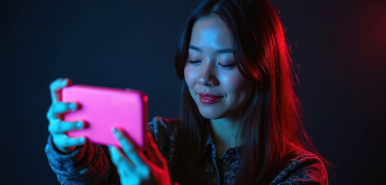 Young woman taking selfie on smartphone. Smiling face, red lips. Girl using phone, social media, content creation, video streaming, Tik Tok concept. Modern technology, social network, online