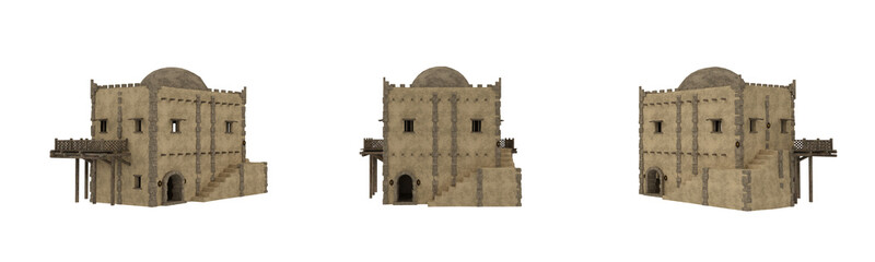 Arabian style stone house with wooden balcony. 3D rendered illustration.