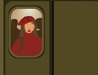 abstract young stylish woman in red outfit in train listening music. City life, travelling, cinematic composition with empty space for text