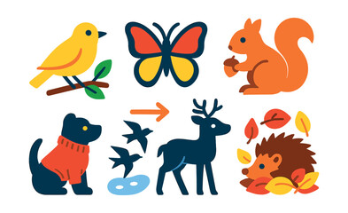 Flat vector icons of seasonal pets and animals: bird in spring, butterfly in summer, squirrel in autumn, deer in winter, seasonal migration icon, pet in sweater, animal tracks in snow, hedgehog in