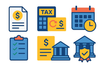 Flat vector icons of tax and compliance: tax document, calculator with tax sign, refund check, tax deadline calendar, audit checklist, tax form, government building, compliance badge.