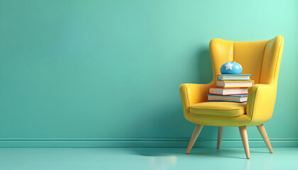 Yellow armchair with books and toy inside waiting area. Interior in children hospital, family care, clean room. Pediatric healthcare facility, health, support, welcome, therapy, wellness.