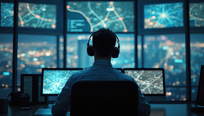 Air traffic controller in headset manages communications in airport tower. Pro works with multiple desktop screens displaying navigation flight data. Modern tech, teamwork, aviation. Evening city