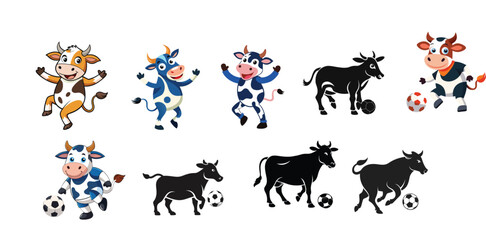Fototapeta premium Cow vector illustration. Cow football player playing ball vector illustration. Cow silhouette vector illustration.